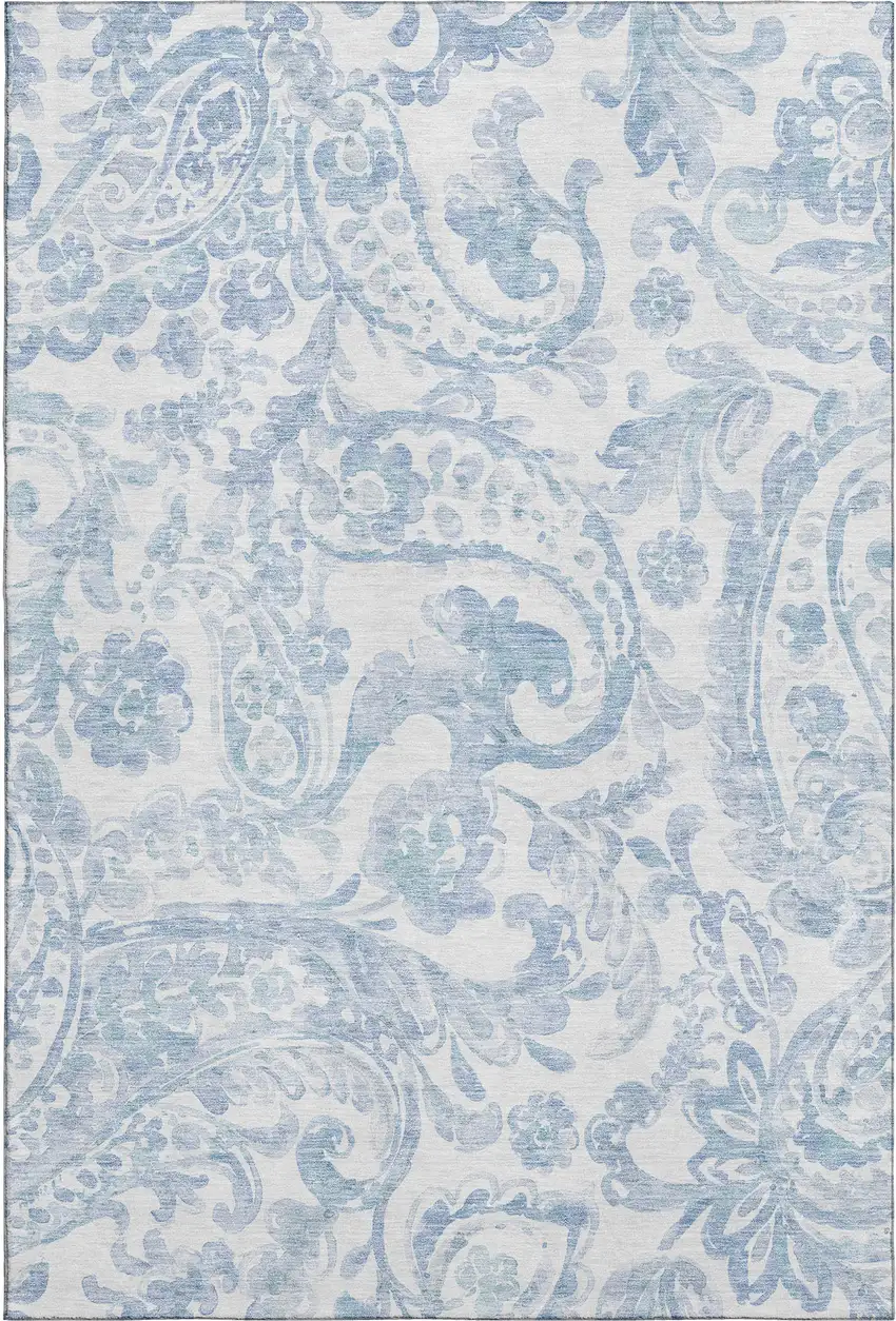 Sky Blue And Ivory Paisley Washable Area Rug With UV Protection Photo 1