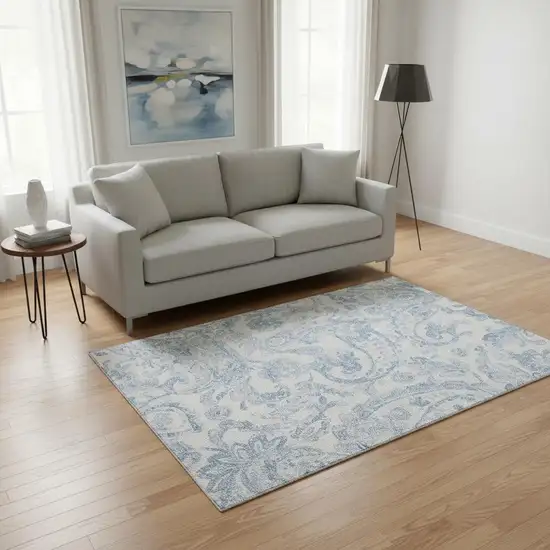 Sky Blue And Ivory Paisley Washable Area Rug With UV Protection Photo 2