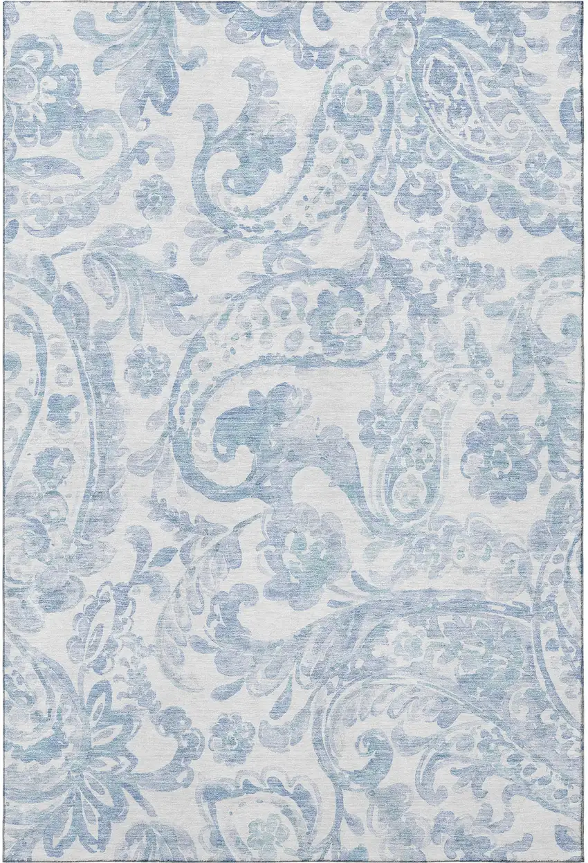 Sky Blue And Ivory Paisley Washable Area Rug With UV Protection Photo 4