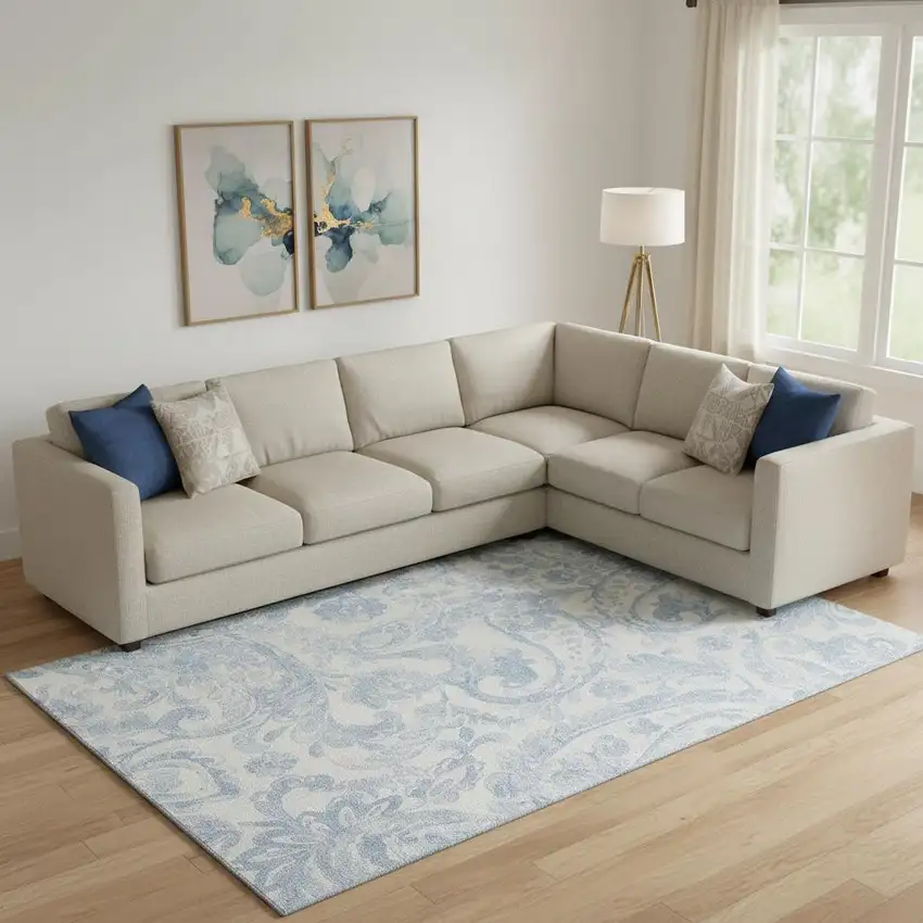 Sky Blue And Ivory Paisley Washable Area Rug With UV Protection Photo 1