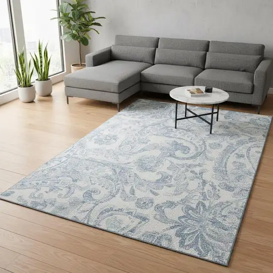 Sky Blue And Ivory Paisley Washable Area Rug With UV Protection Photo 2