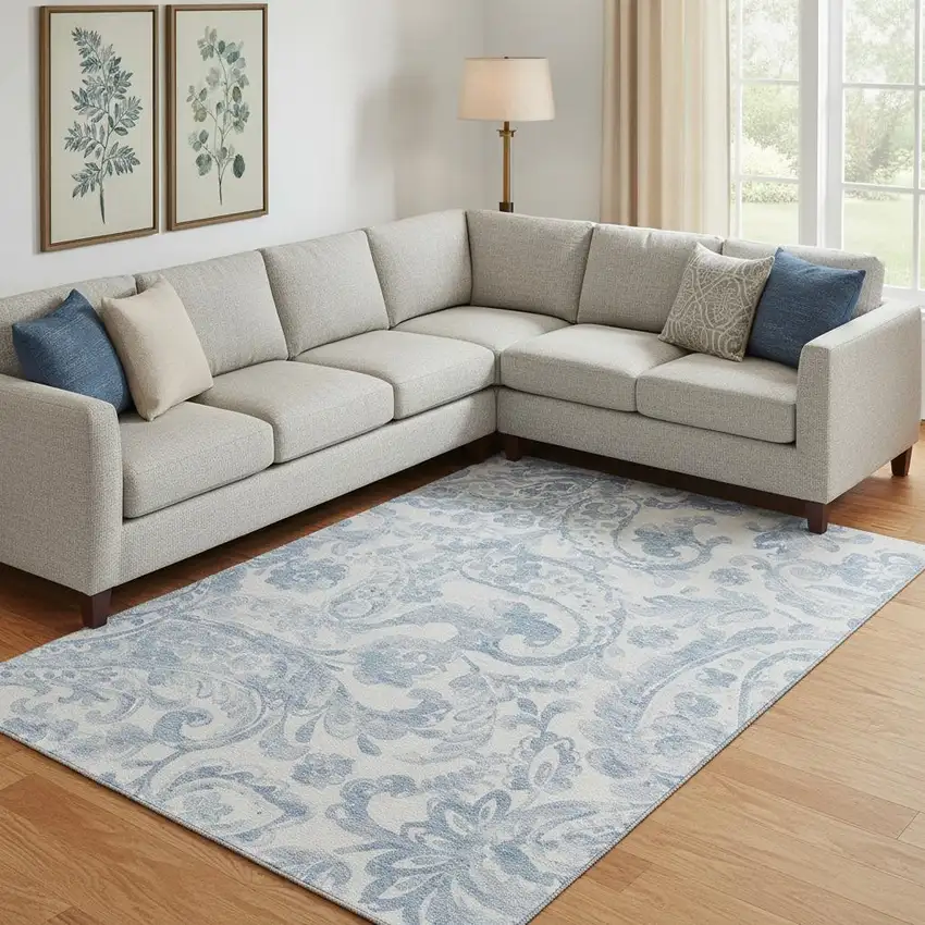 Sky Blue And Ivory Paisley Washable Area Rug With UV Protection Photo 1