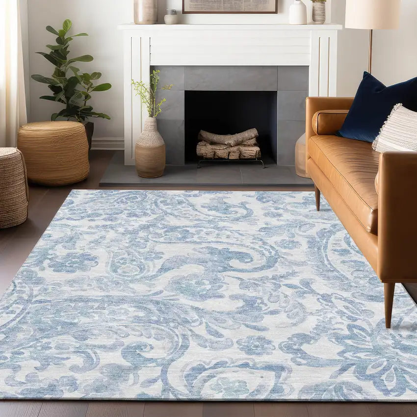 Sky Blue And Ivory Paisley Washable Area Rug With UV Protection Photo 5
