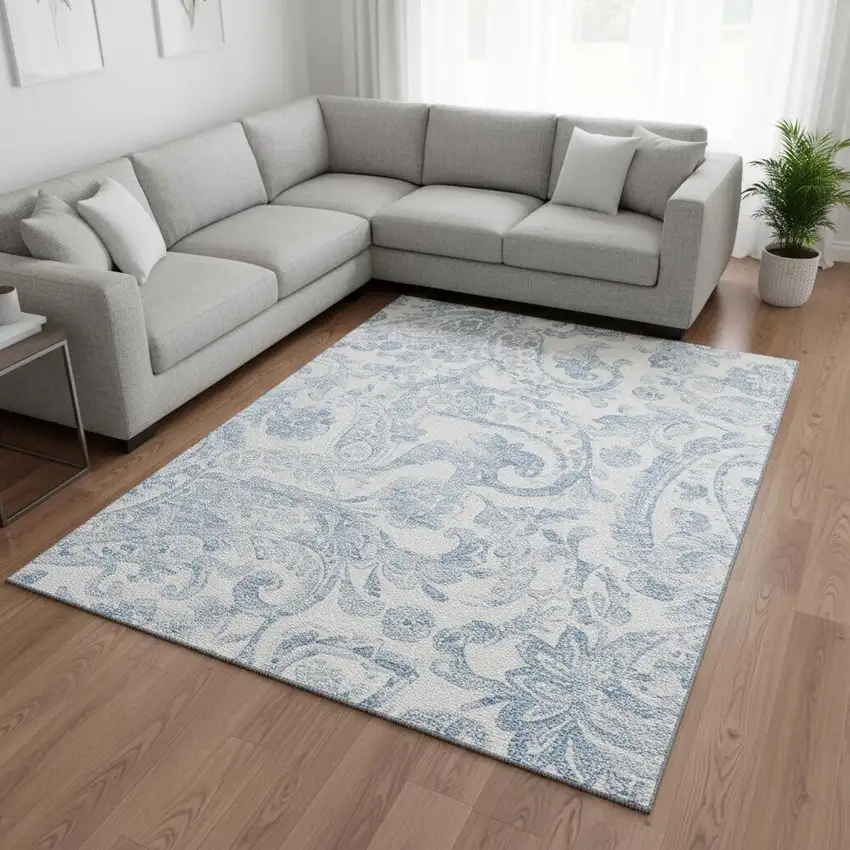 Sky Blue And Ivory Paisley Washable Area Rug With UV Protection Photo 2