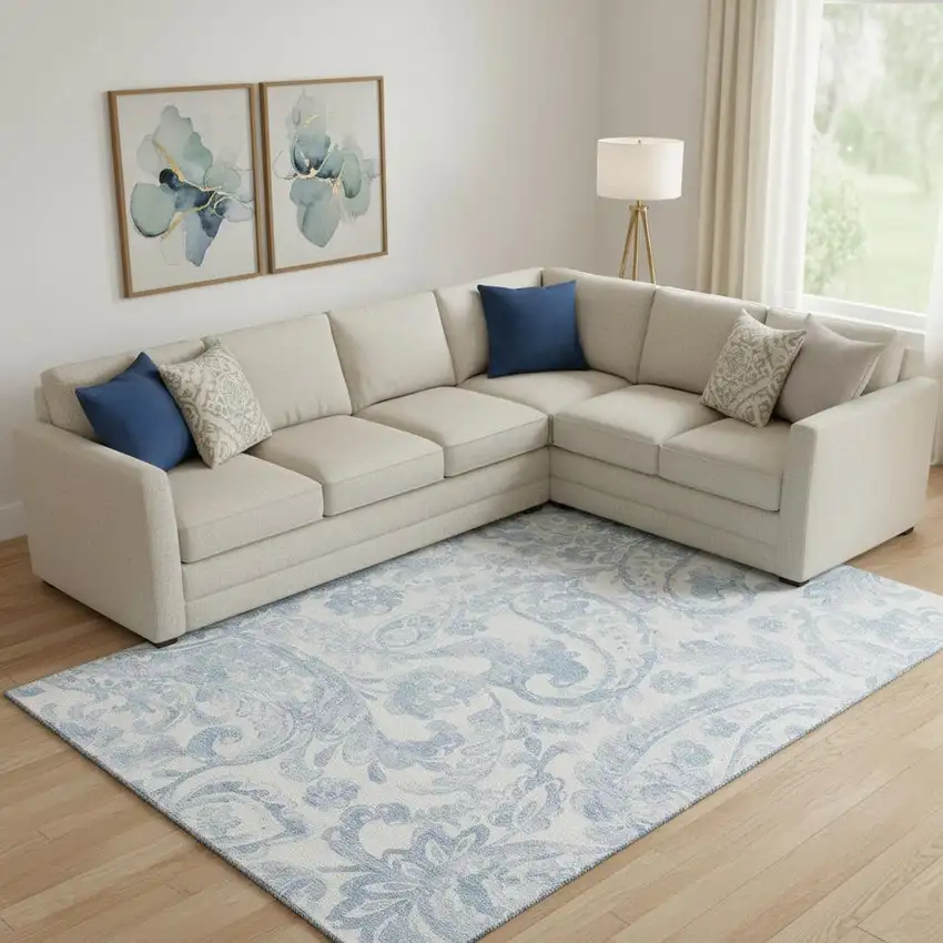 Sky Blue And Ivory Paisley Washable Area Rug With UV Protection Photo 1