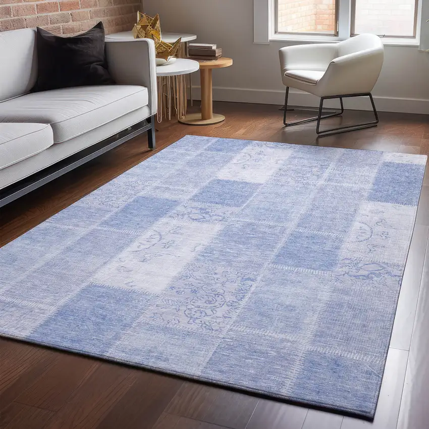 Sky Blue And Ivory Patchwork Washable Area Rug With UV Protection Photo 4
