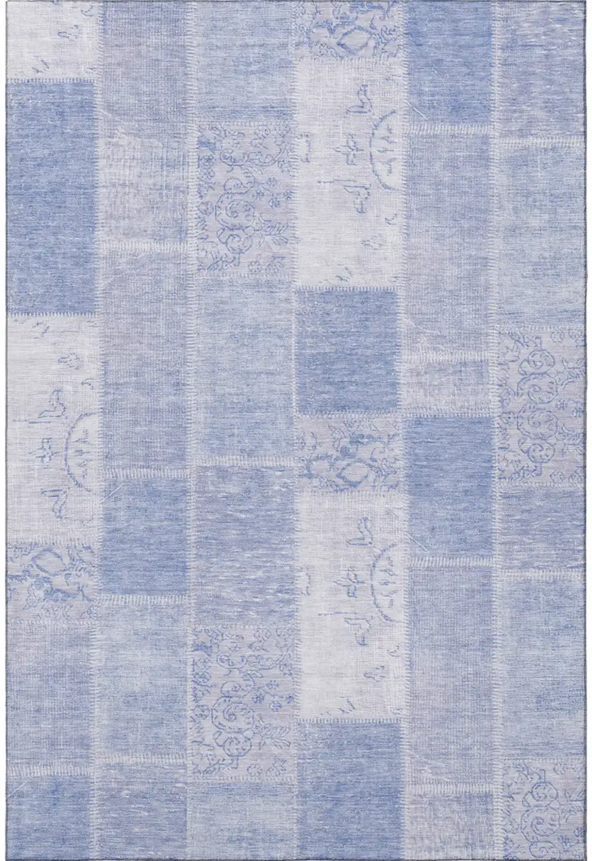 Sky Blue And Ivory Patchwork Washable Area Rug With UV Protection Photo 3