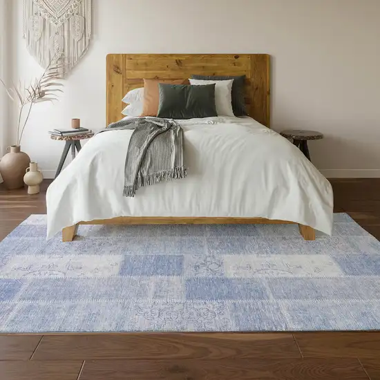 Sky Blue And Ivory Patchwork Washable Area Rug With UV Protection Photo 5