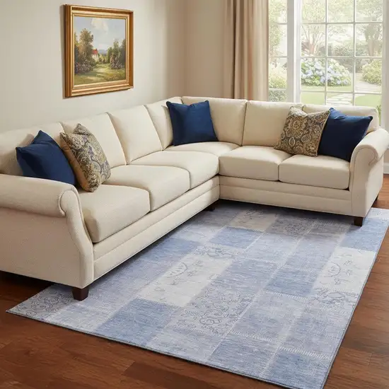 Sky Blue And Ivory Patchwork Washable Area Rug With UV Protection Photo 1