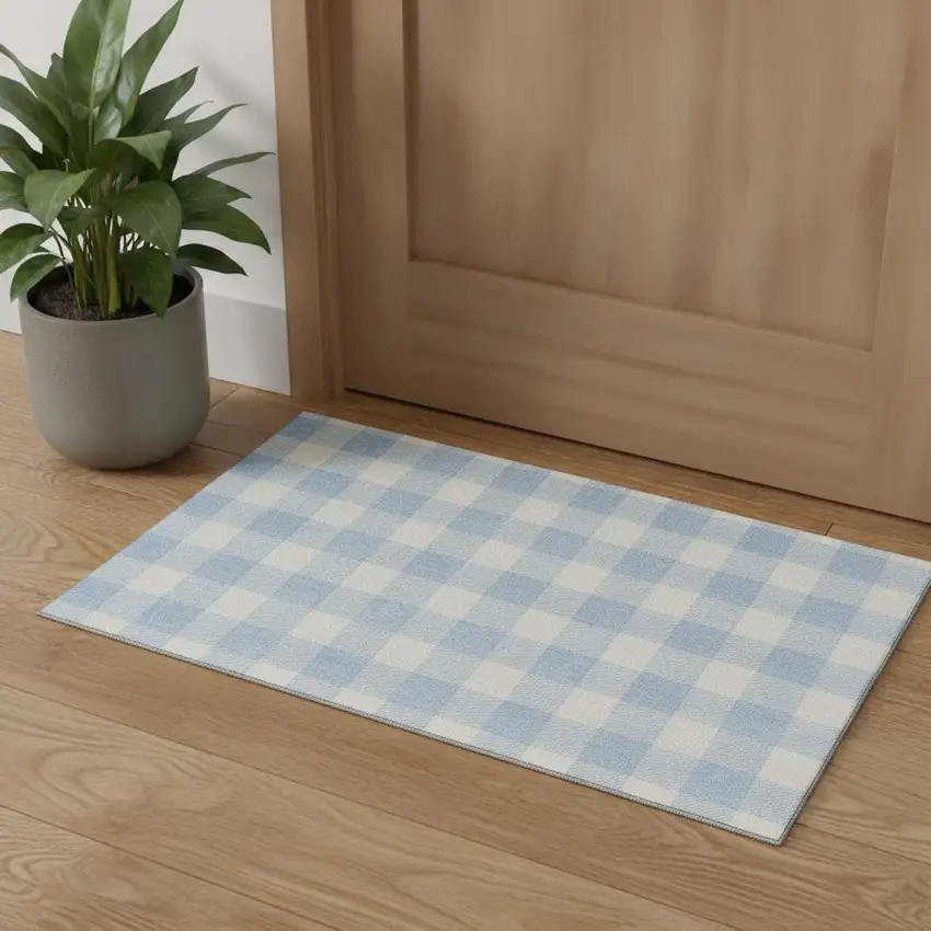 Sky Blue And Ivory Plaid Washable Area Rug With UV Protection Photo 1