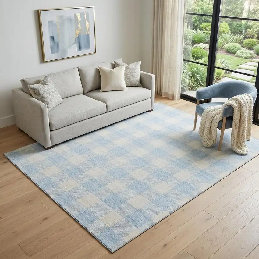 Sky Blue And Ivory Plaid Washable Area Rug With UV Protection Photo 1