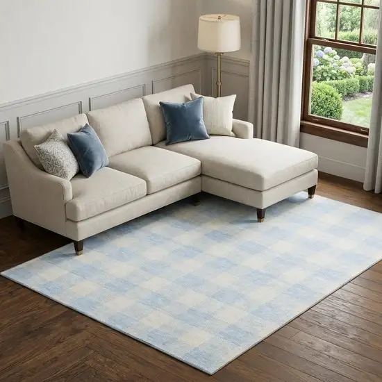 Sky Blue And Ivory Plaid Washable Area Rug With UV Protection Photo 1