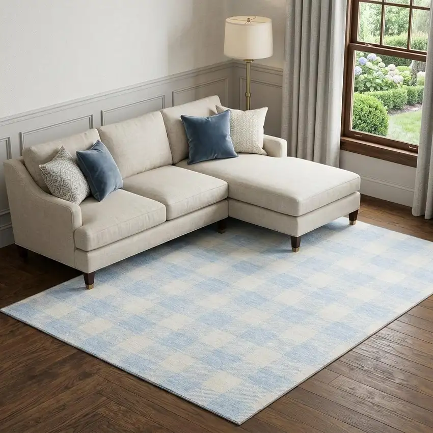 Sky Blue And Ivory Plaid Washable Area Rug With UV Protection Photo 1