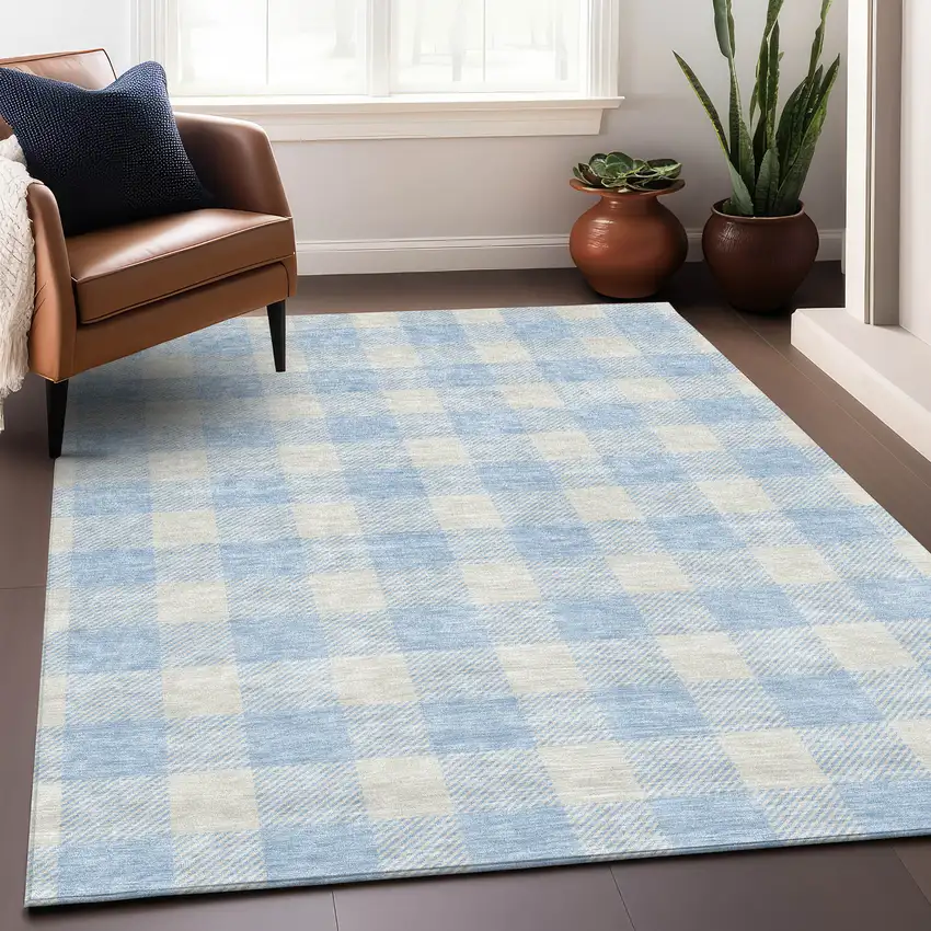 Sky Blue And Ivory Plaid Washable Area Rug With UV Protection Photo 4