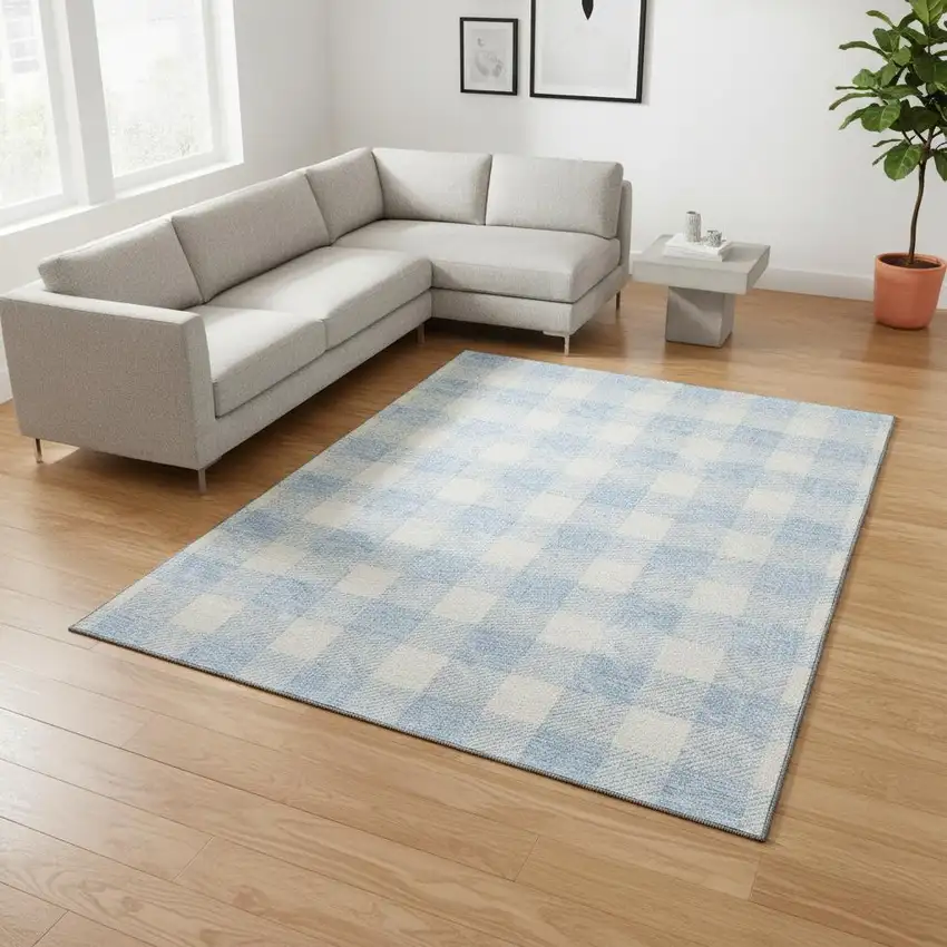 Sky Blue And Ivory Plaid Washable Area Rug With UV Protection Photo 2