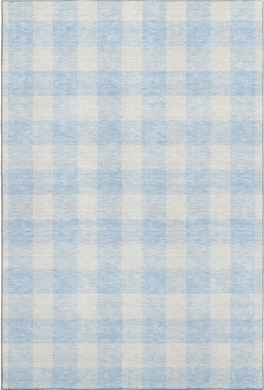 Sky Blue And Ivory Plaid Washable Area Rug With UV Protection Photo 1