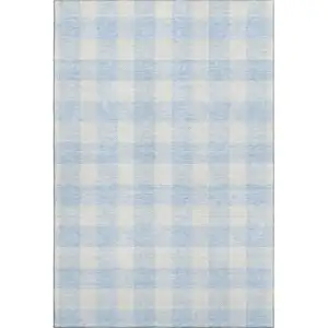 Photo of Sky Blue And Ivory Plaid Washable Area Rug With UV Protection