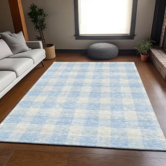 Sky Blue And Ivory Plaid Washable Area Rug With UV Protection Photo 5