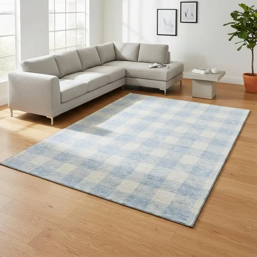 Sky Blue And Ivory Plaid Washable Area Rug With UV Protection Photo 2