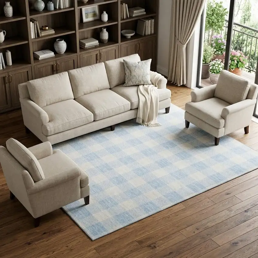 Sky Blue And Ivory Plaid Washable Area Rug With UV Protection Photo 1