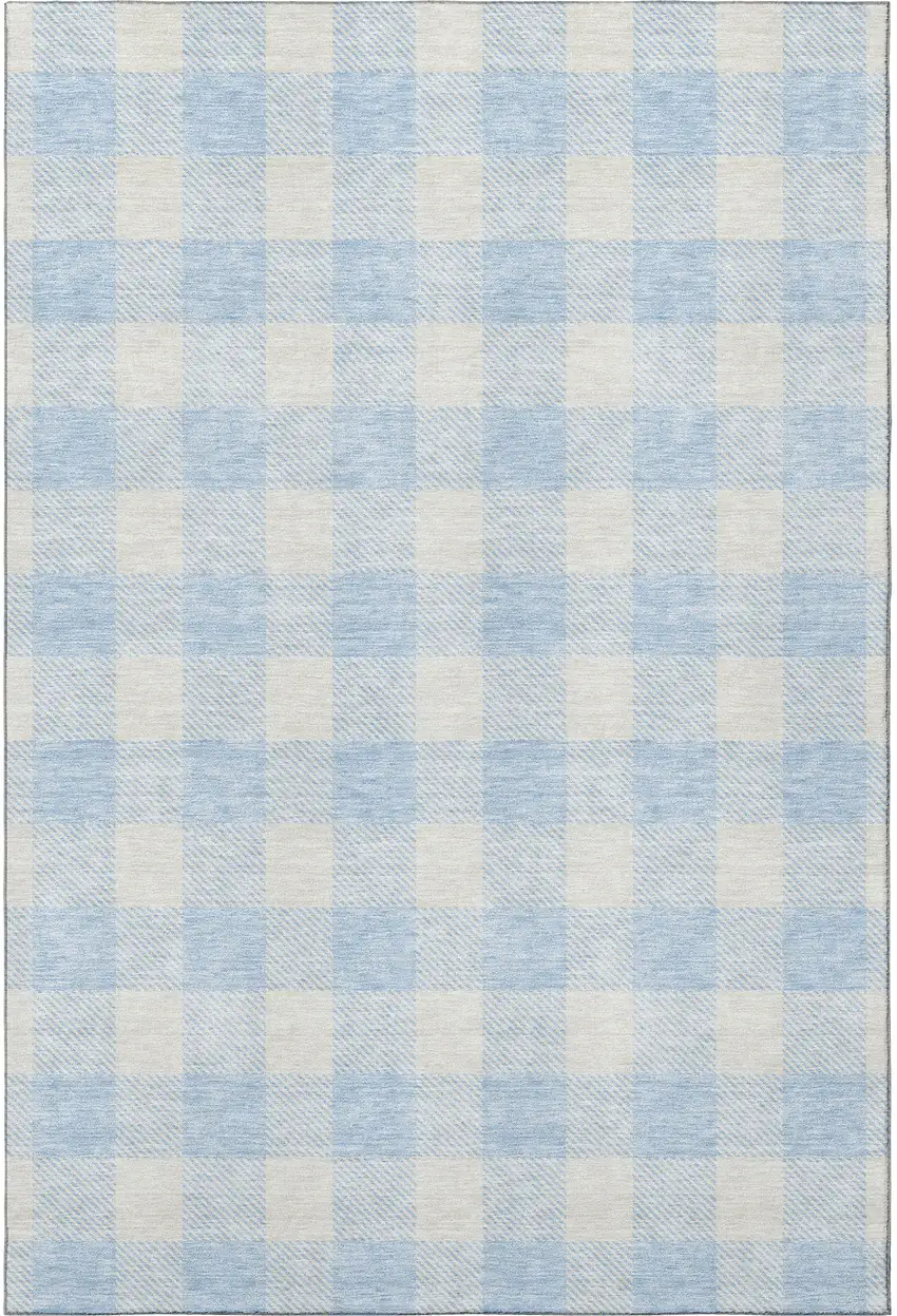Sky Blue And Ivory Plaid Washable Area Rug With UV Protection Photo 3