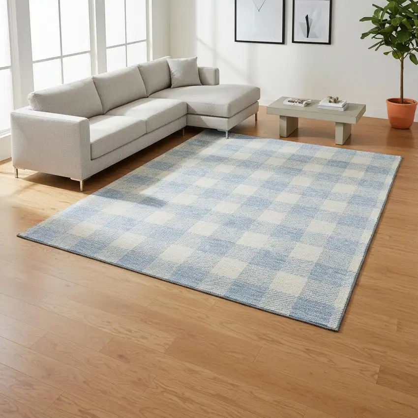 Sky Blue And Ivory Plaid Washable Area Rug With UV Protection Photo 2