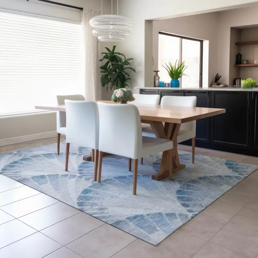 Sky Blue And Ivory Seashell Washable Indoor Outdoor Area Rug Photo 5