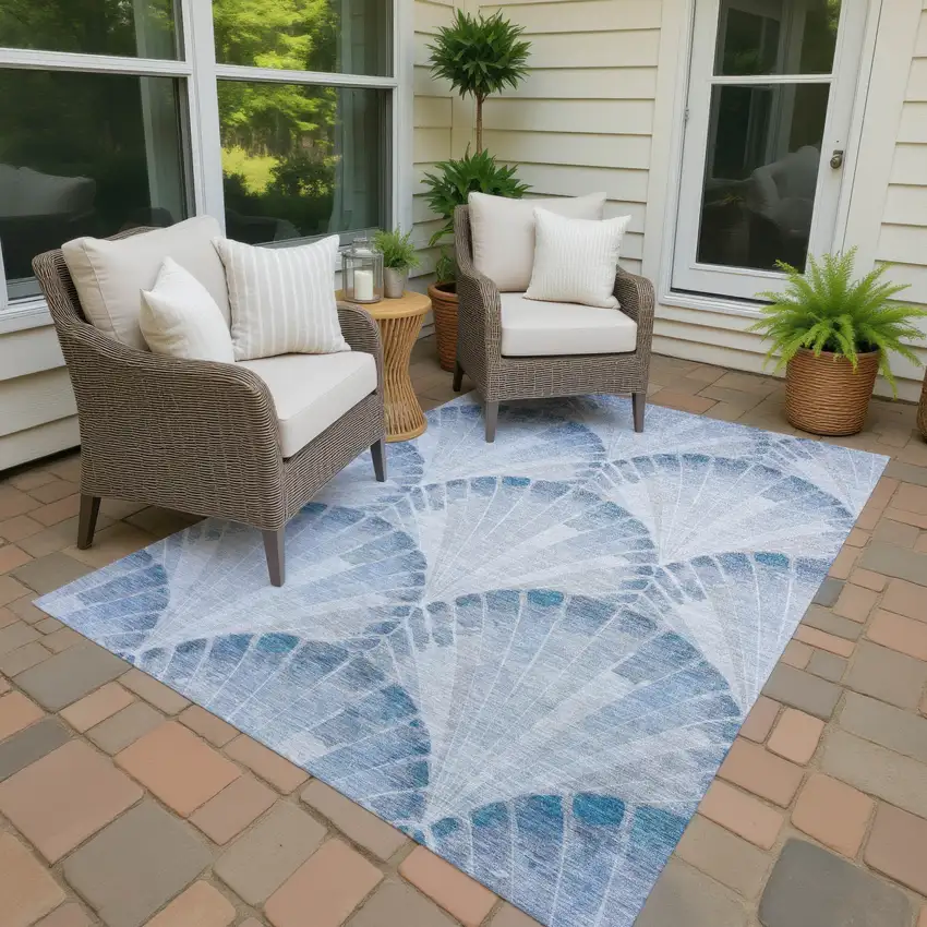 Sky Blue And Ivory Seashell Washable Indoor Outdoor Area Rug Photo 3