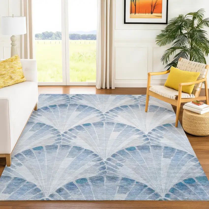 Sky Blue And Ivory Seashell Washable Indoor Outdoor Area Rug Photo 4