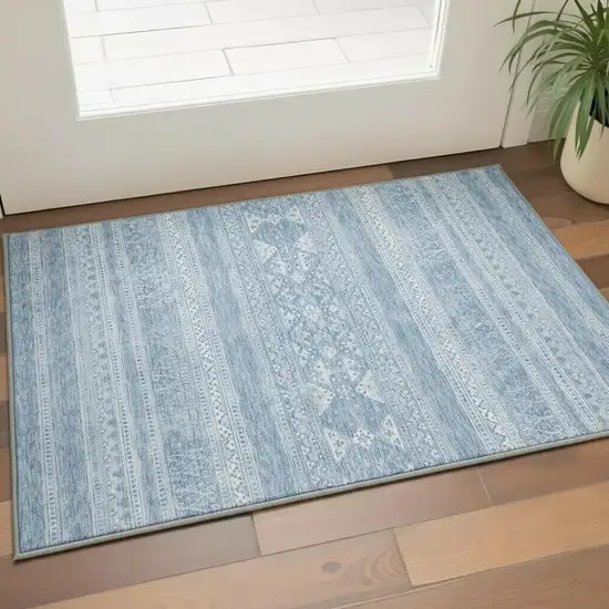 Sky Blue And Ivory Southwestern Washable Area Rug With UV Protection Photo 2