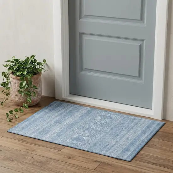 Sky Blue And Ivory Southwestern Washable Area Rug With UV Protection Photo 1