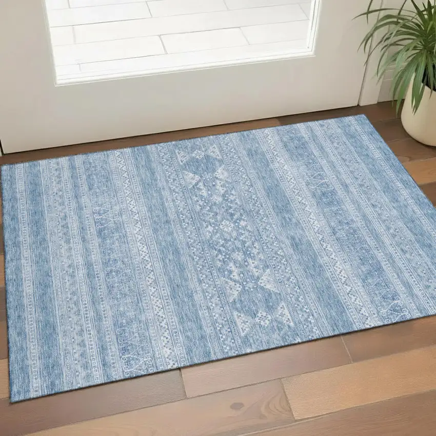 Sky Blue And Ivory Southwestern Washable Area Rug With UV Protection Photo 1