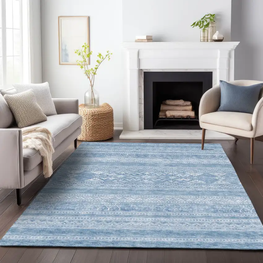 Sky Blue And Ivory Southwestern Washable Area Rug With UV Protection Photo 4