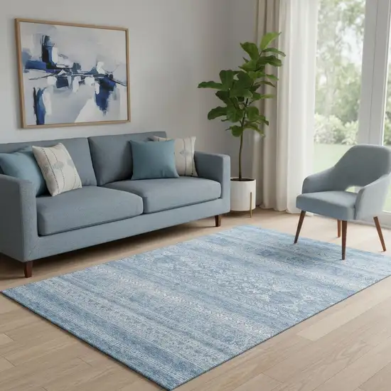 Sky Blue And Ivory Southwestern Washable Area Rug With UV Protection Photo 1