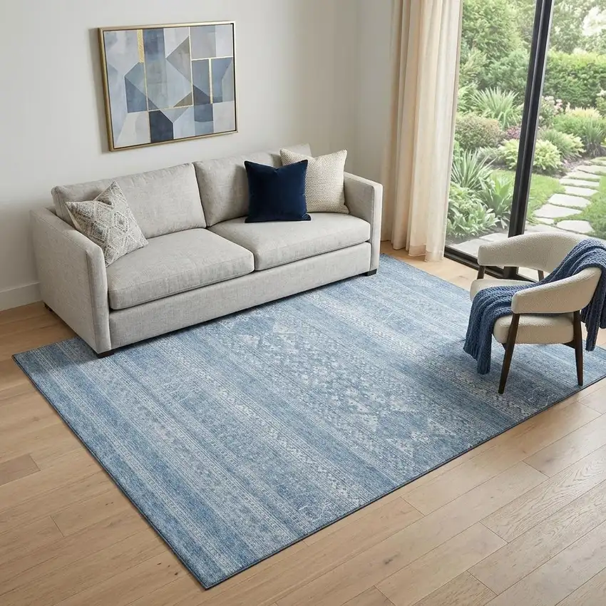 Sky Blue And Ivory Southwestern Washable Area Rug With UV Protection Photo 1
