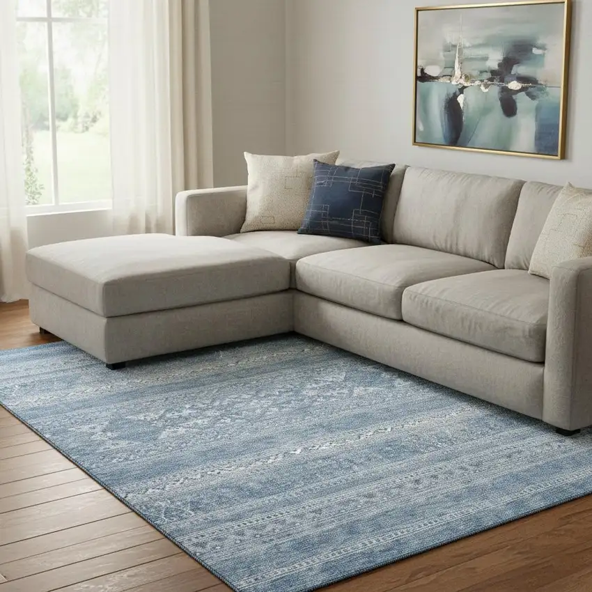 Sky Blue And Ivory Southwestern Washable Area Rug With UV Protection Photo 1