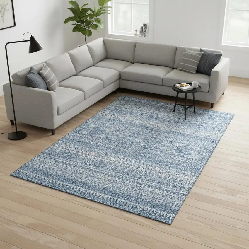 Sky Blue And Ivory Southwestern Washable Area Rug With UV Protection Photo 1