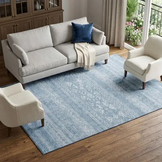 Sky Blue And Ivory Southwestern Washable Area Rug With UV Protection Photo 1