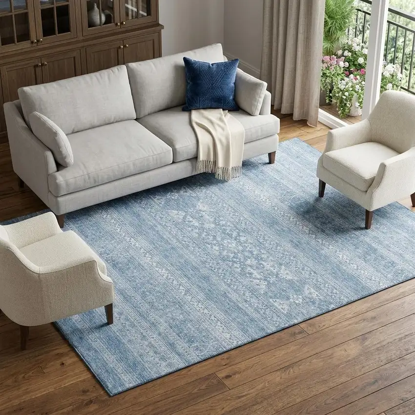 Sky Blue And Ivory Southwestern Washable Area Rug With UV Protection Photo 1
