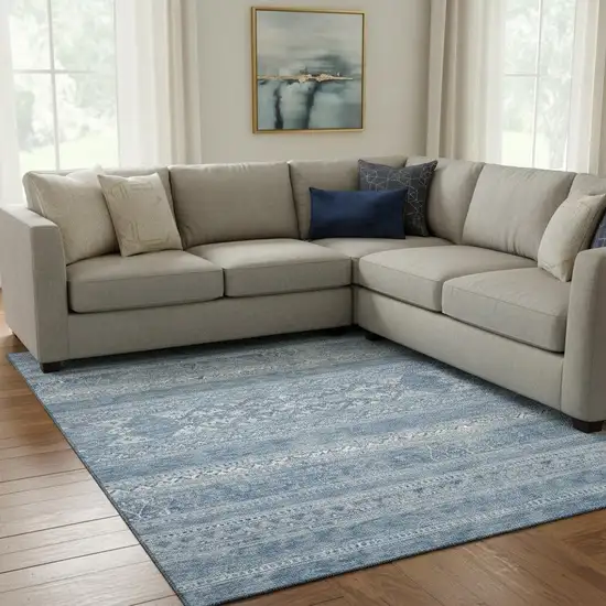 Sky Blue And Ivory Southwestern Washable Area Rug With UV Protection Photo 1