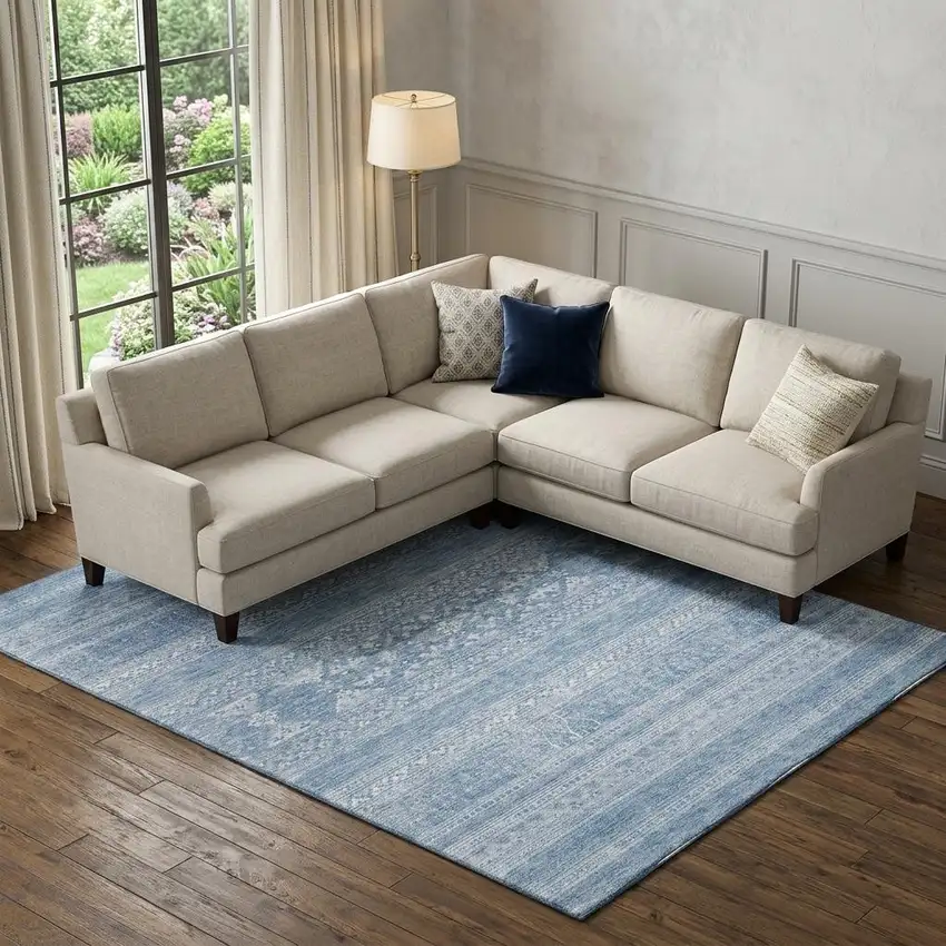 Sky Blue And Ivory Southwestern Washable Area Rug With UV Protection Photo 1