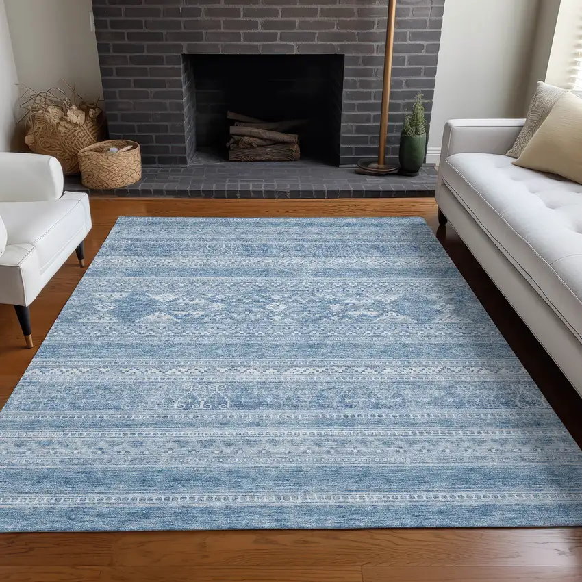 Sky Blue And Ivory Southwestern Washable Indoor Outdoor Area Rug Photo 7