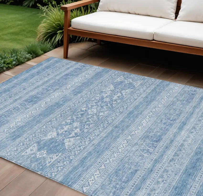Sky Blue And Ivory Southwestern Washable Indoor Outdoor Area Rug Photo 1