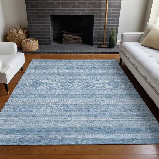 Sky Blue And Ivory Southwestern Washable Indoor Outdoor Area Rug Photo 7