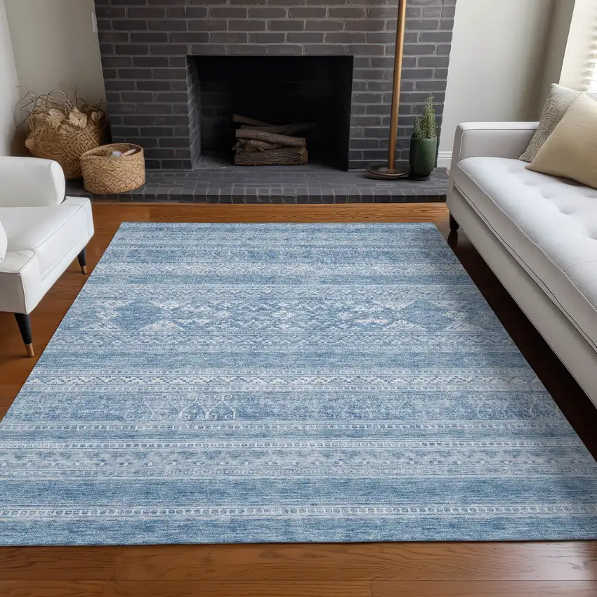 Sky Blue And Ivory Southwestern Washable Indoor Outdoor Area Rug Photo 7
