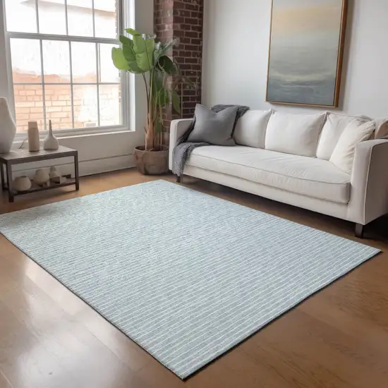 Sky Blue And Ivory Striped Washable Area Rug With UV Protection Photo 6