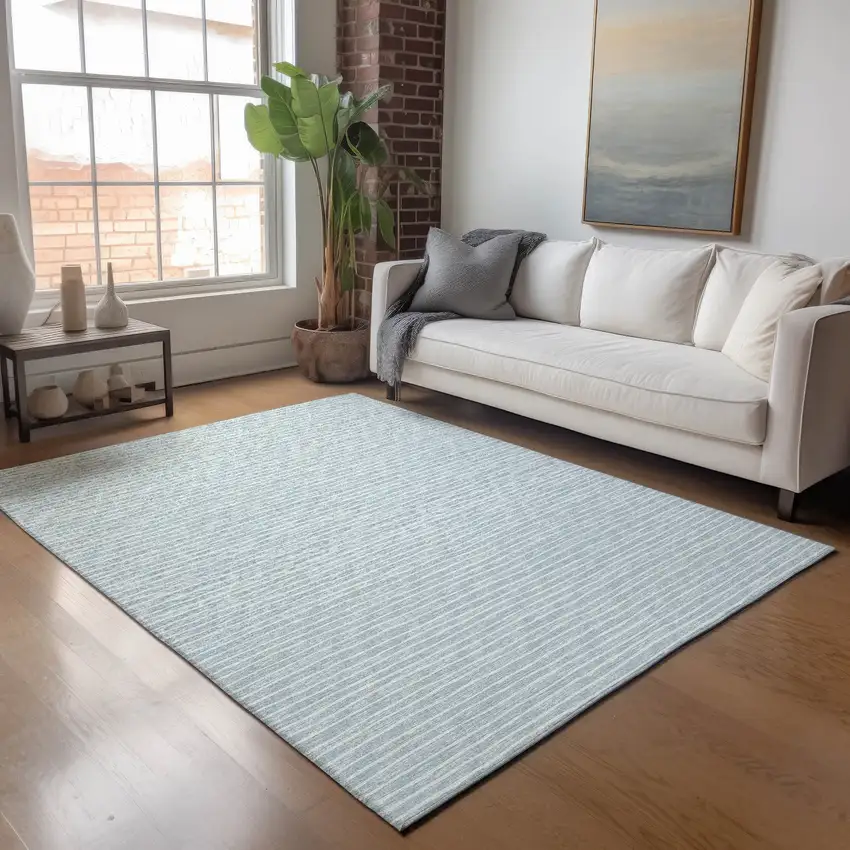 Sky Blue And Ivory Striped Washable Area Rug With UV Protection Photo 6