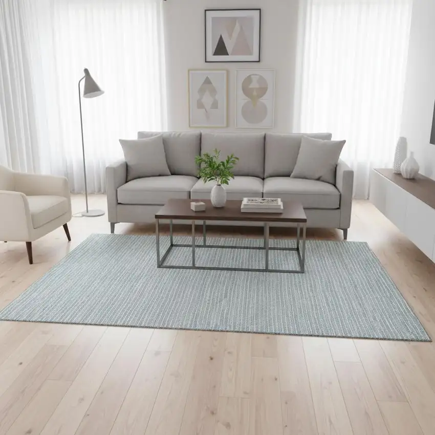 Sky Blue And Ivory Striped Washable Area Rug With UV Protection Photo 1