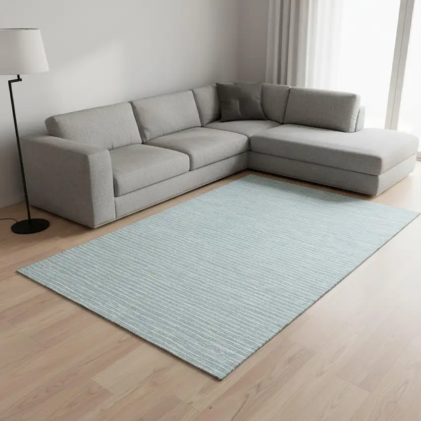 Sky Blue And Ivory Striped Washable Area Rug With UV Protection Photo 1