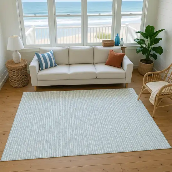 Sky Blue And Ivory Striped Washable Area Rug With UV Protection Photo 6